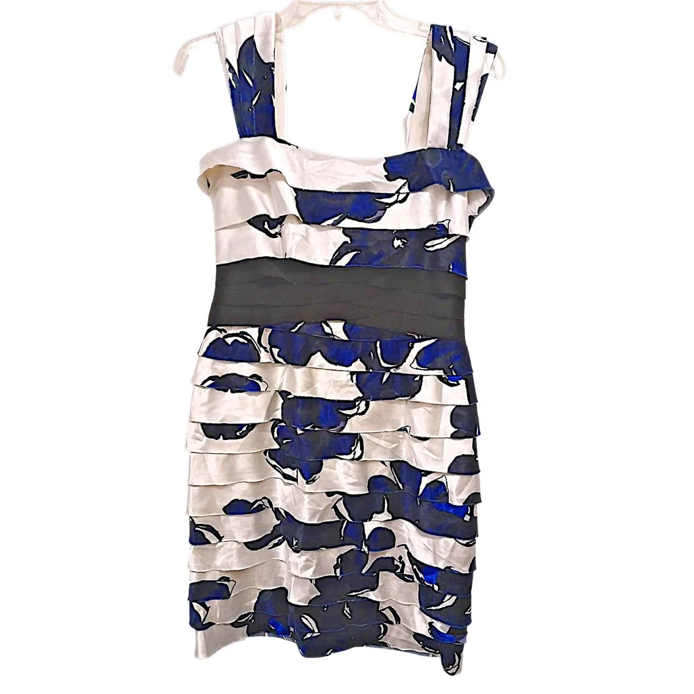 Jones Wear Satin Tiered Coctail Mini Dress Size 6 White Blue Floral‎ Sleeveless